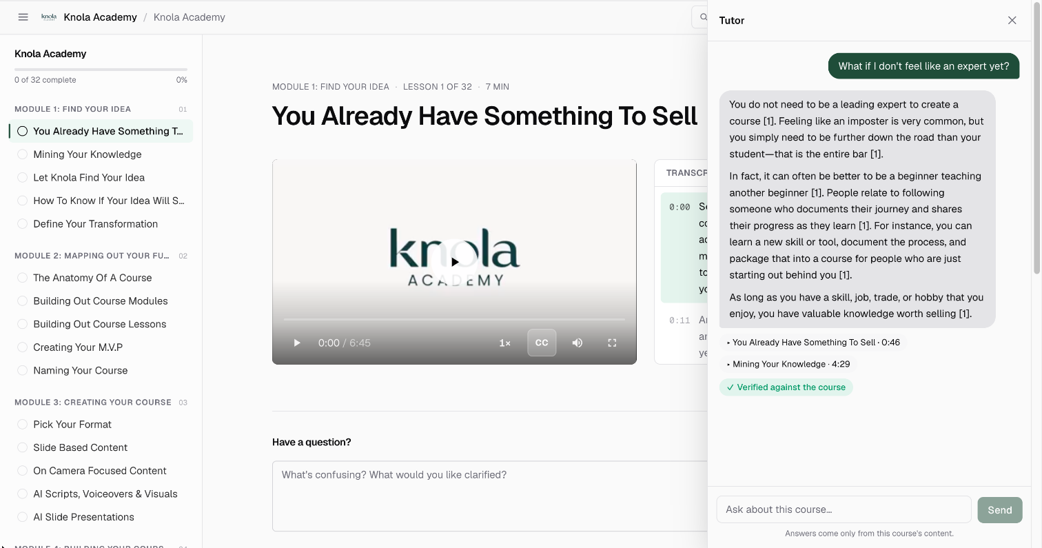 The Tutor panel with a student question answered from the lessons, citation chips naming two lessons with timestamps, and the green Verified against the course badge