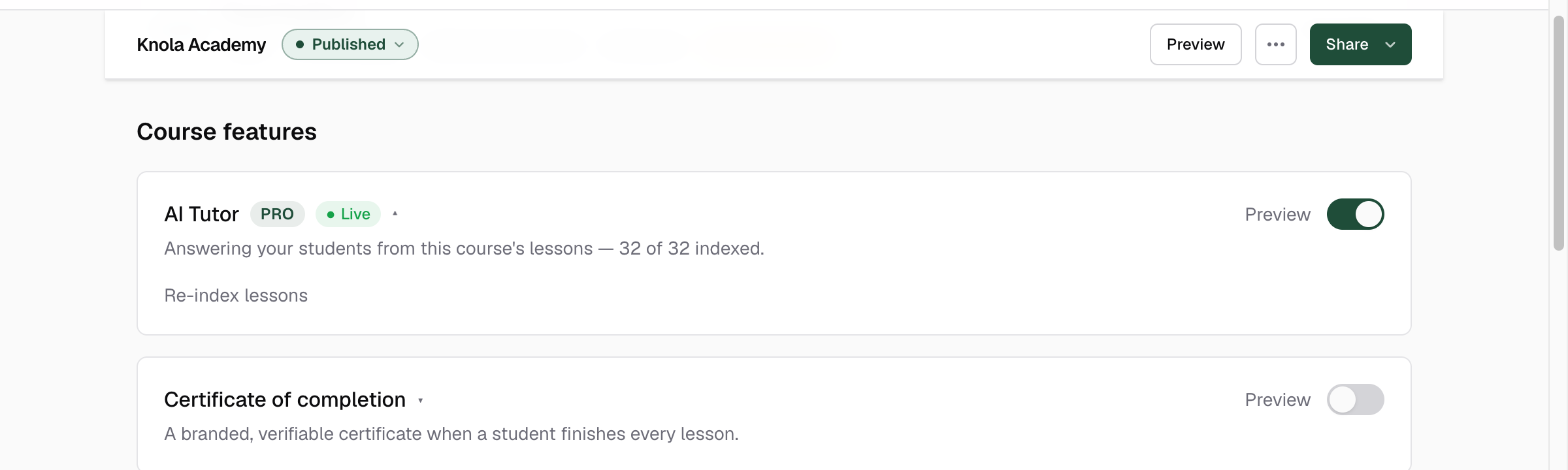 The AI Tutor card on the course page with the toggle on, a green Live badge, and the status line showing every lesson indexed