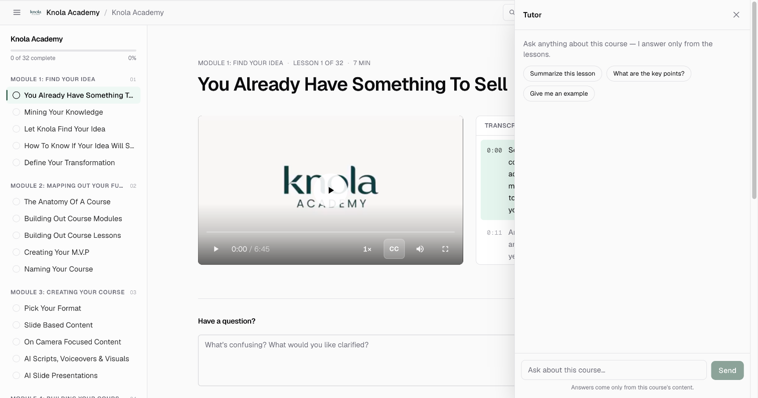 A lesson in the student view with the Tutor panel open, showing the three starter prompts and the note that answers come only from this course's content