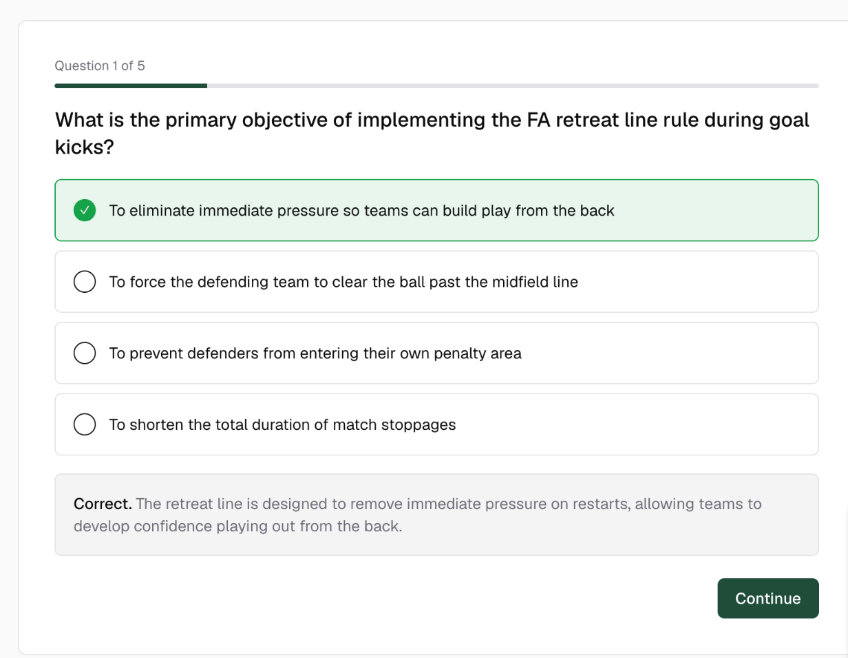 A checked question with the correct option ticked in green, the explanation underneath headed Correct, and the Continue button