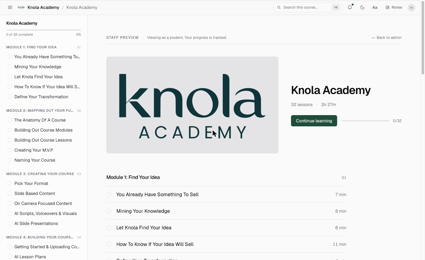 A student's course outline with the progress bar, module lesson lists with durations, and the Continue learning button