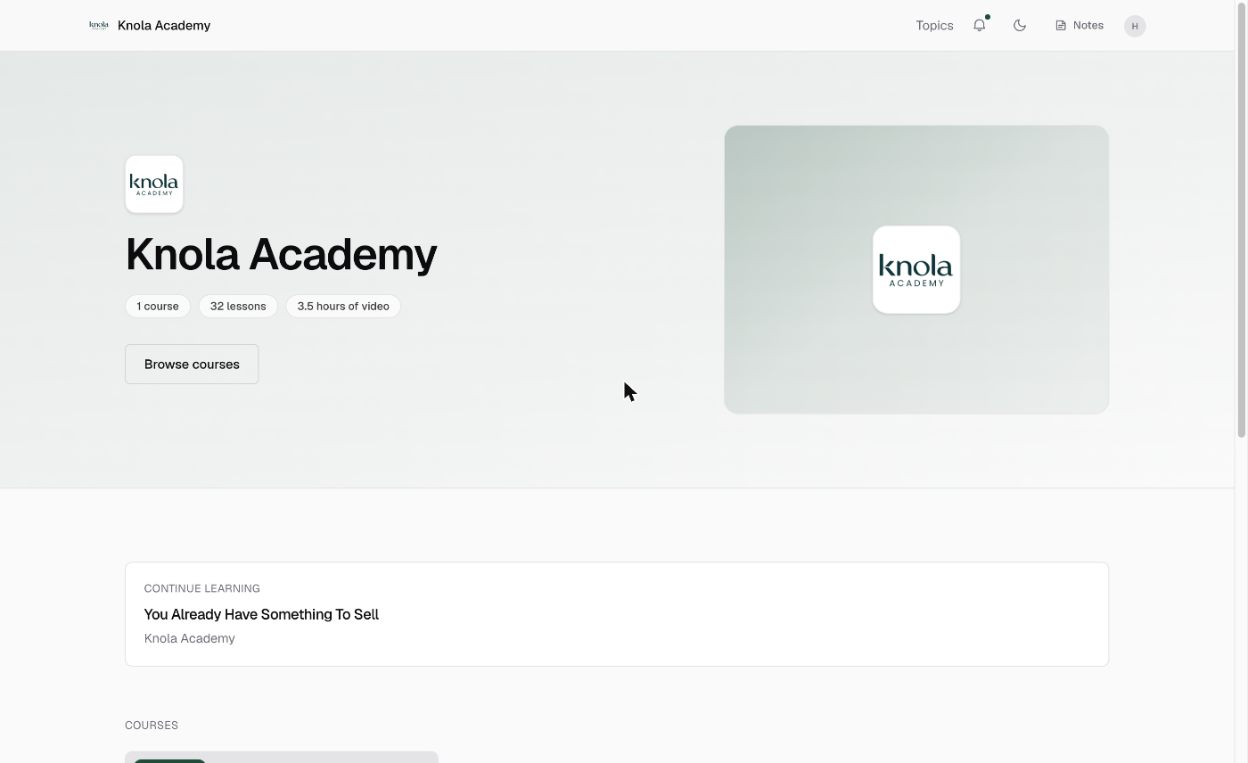 A school home page with the creator's branding, a Continue learning button and a grid of course cards