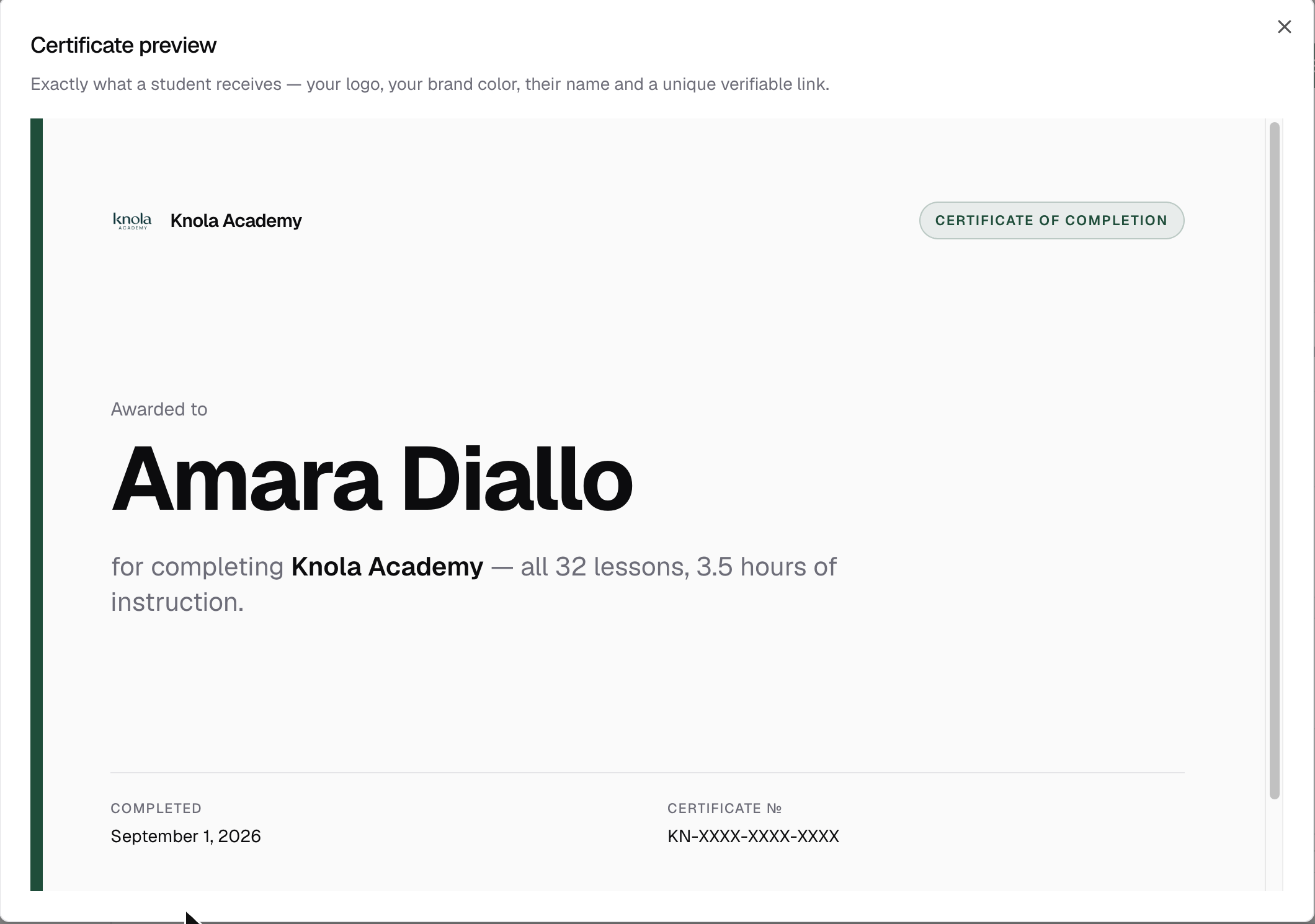 The Certificate preview dialog showing the branded artwork with a sample recipient name, course title, completion date and serial number