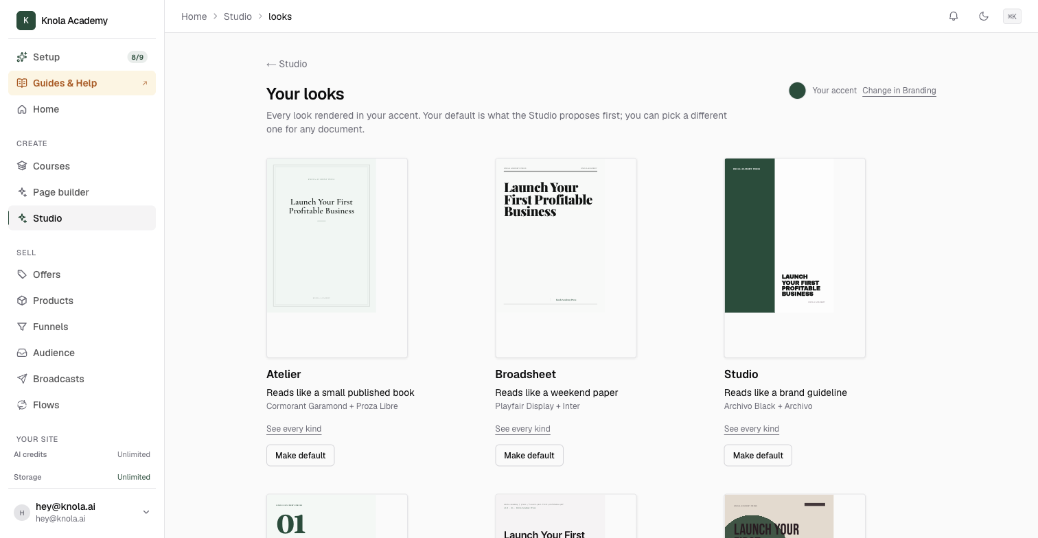 The Your looks page showing the looks as covers in the school's accent colour, each with what it reads like, its typefaces, a See every kind link and a Make default button