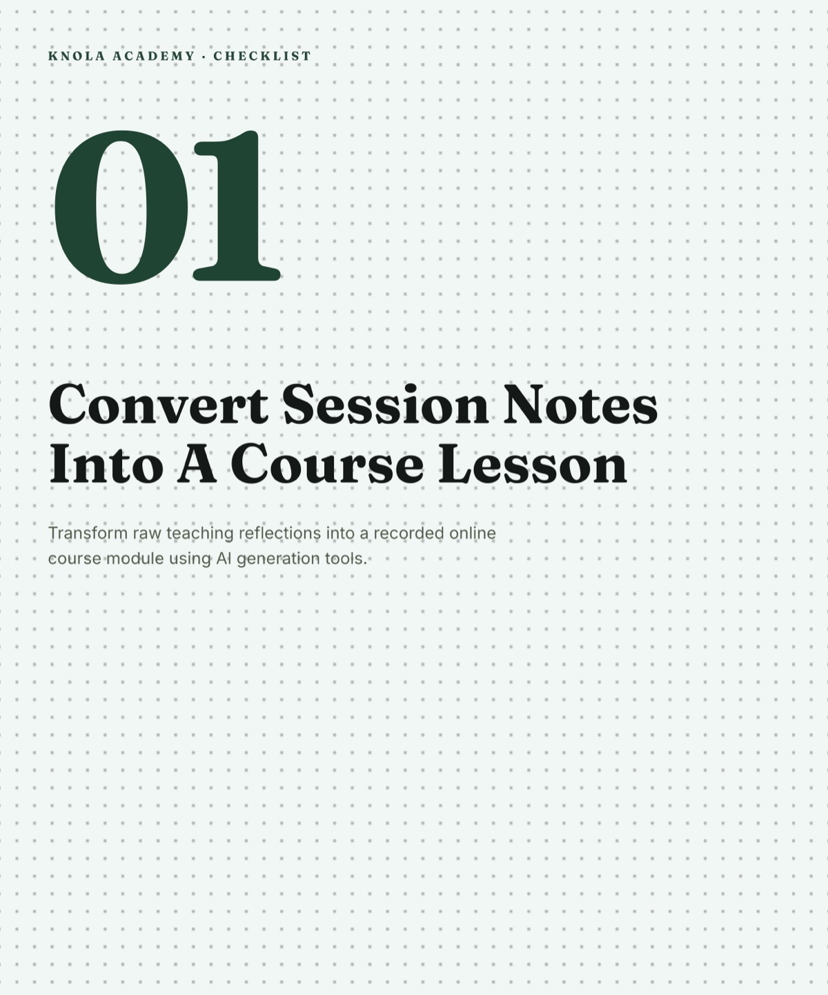 The finished checklist cover in the Field Notes look, titled Convert Session Notes Into A Course Lesson