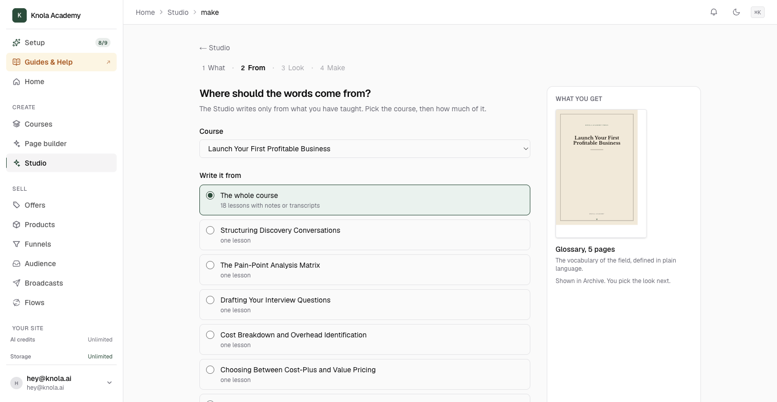 The Where should the words come from step with The whole course selected, showing 18 lessons with notes or transcripts, and the What you get panel reading Glossary, 5 pages, shown in Archive