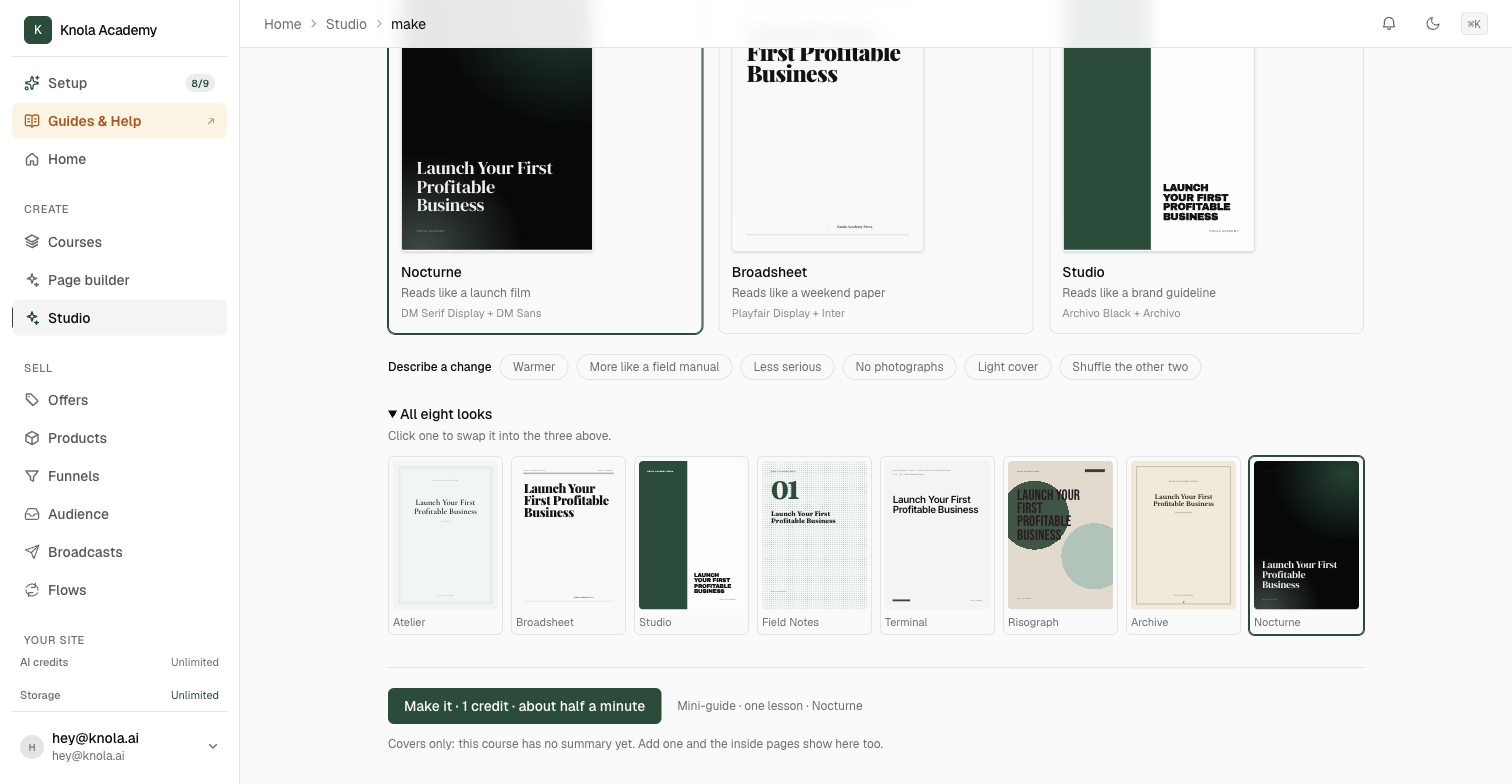 The Pick a look step with the All eight looks section opened, showing all eight looks as small covers with Nocturne selected