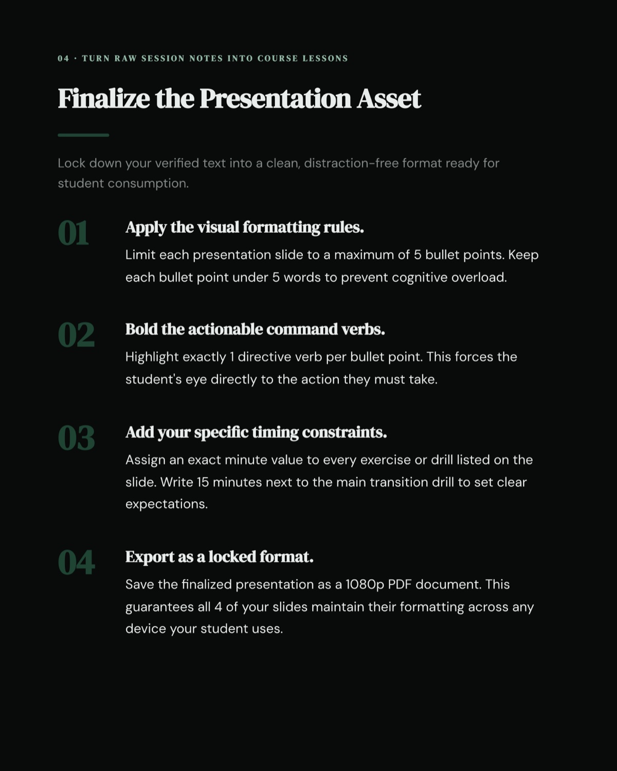 Page four of the finished mini-guide in the Nocturne look, headed Finalize the Presentation Asset, with four numbered steps