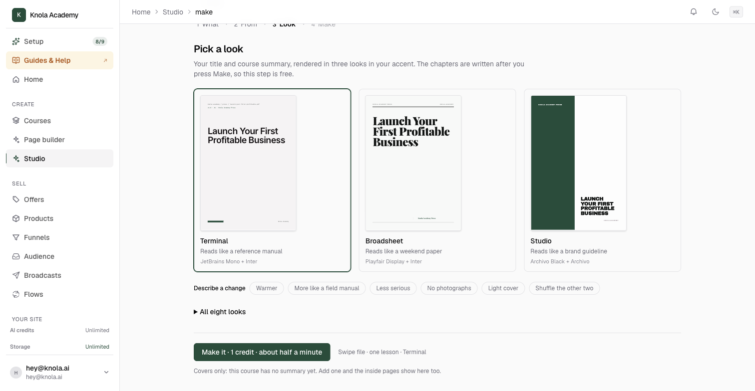 The Pick a look step for a swipe file, with Terminal selected among the three looks and the Make it button below