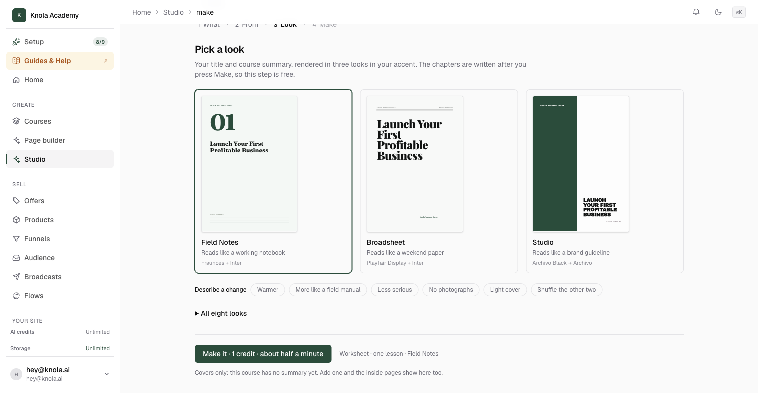 The Pick a look step for a worksheet, three looks side by side with Field Notes selected and the Make it button at the foot