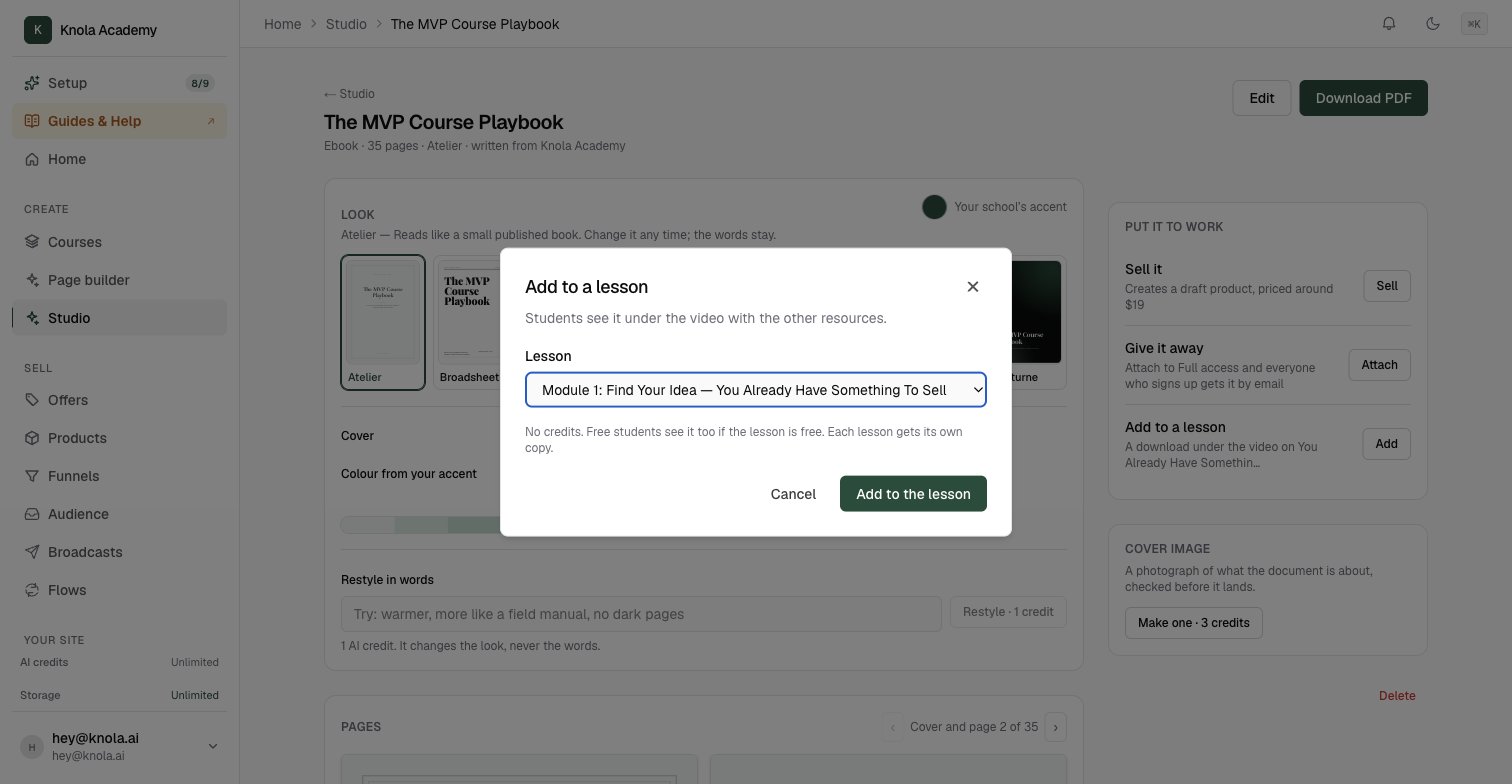 The Add to a lesson sheet over a finished document: the line Students see it under the video with the other resources, a Lesson dropdown showing a module and lesson title, and the Add to the lesson button