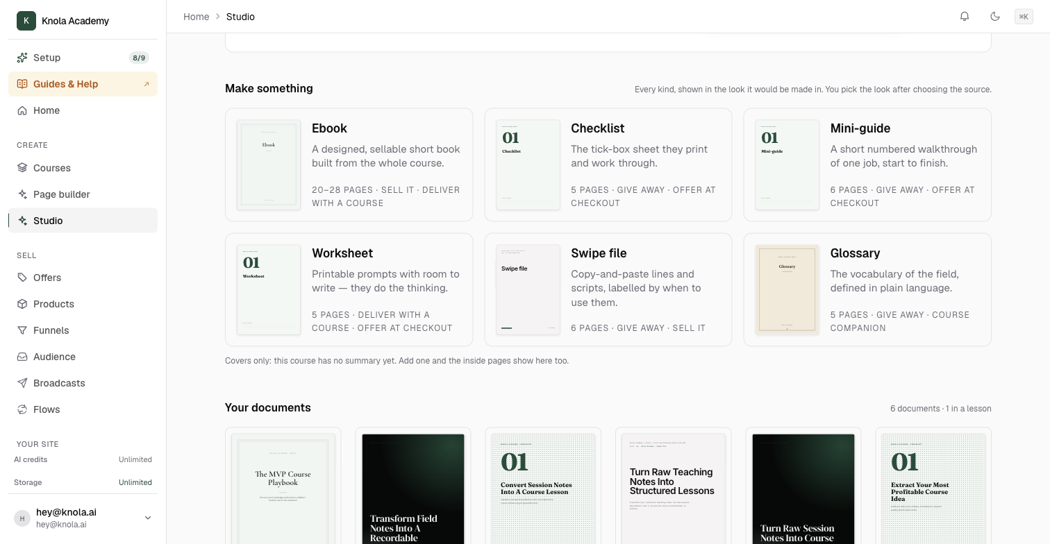 The Make something grid: Ebook, Checklist, Mini-guide, Worksheet, Swipe file and Glossary, each with a cover preview, a one-line description and its typical page count, with the Your documents shelf below