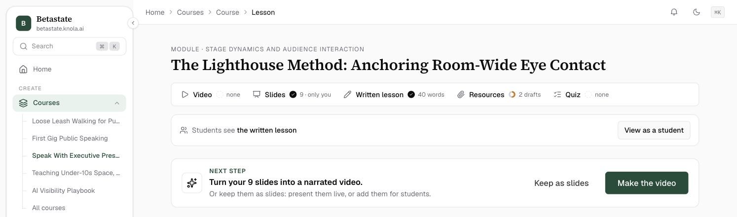 The top of a lesson with nine slides: the Next step card reading Turn your 9 slides into a narrated video, with Keep as slides and a Make the video button, just above the Slides card