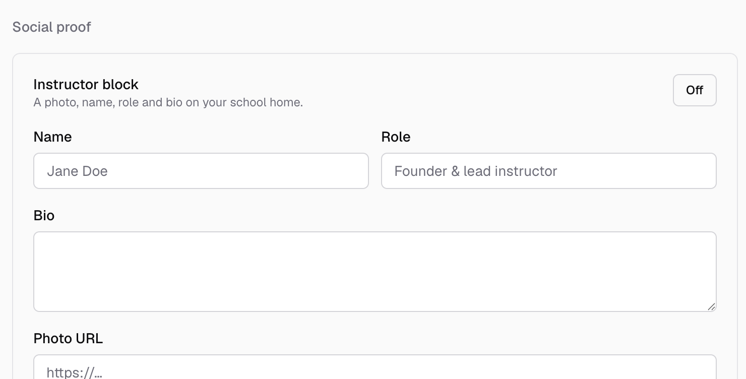 The Social proof section with the Instructor block and its Name, Role, Bio and Photo URL fields