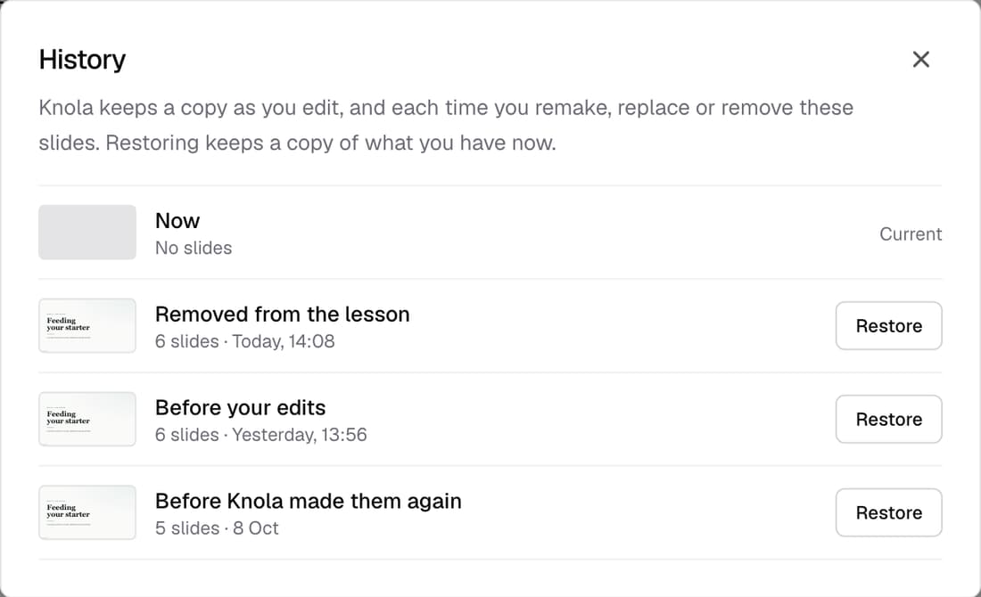 The History list for a lesson's slides, with 'Removed from the lesson' and earlier versions, each with a Restore button