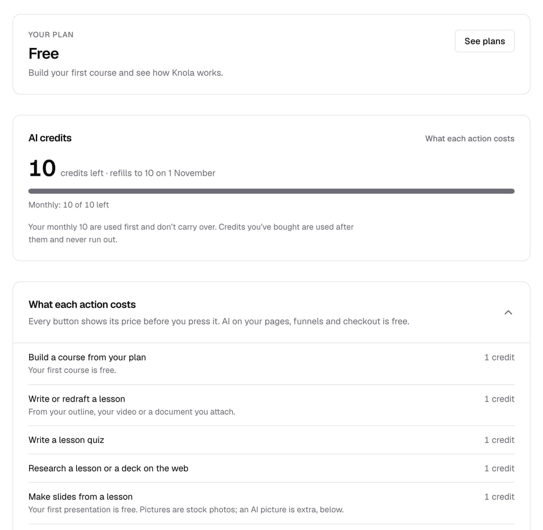 A free school's Plan & billing: the Free plan, 10 AI credits left, and what each action costs, from writing a lesson to making slides