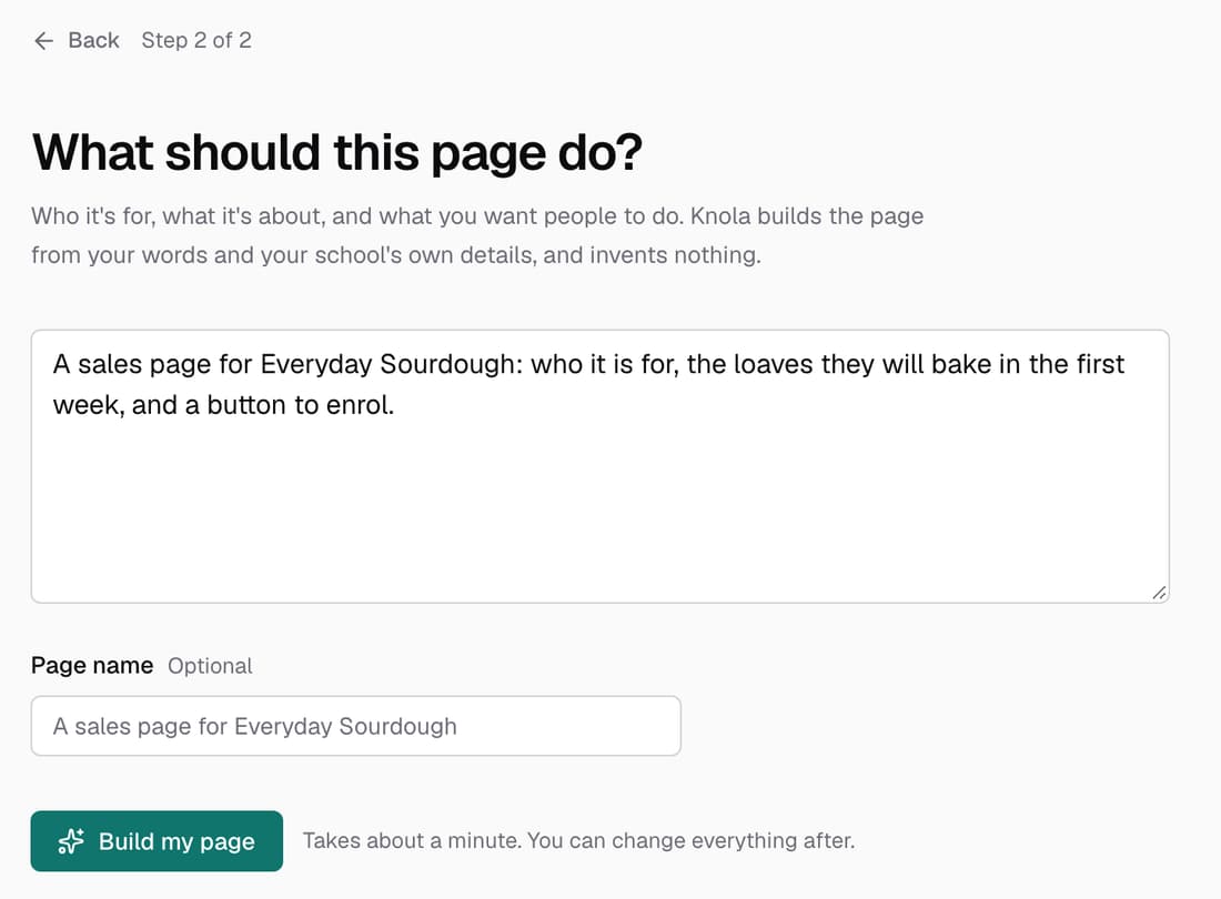The page builder's Describe it step with a sales page request typed in and a Build my page button with no credit price on it