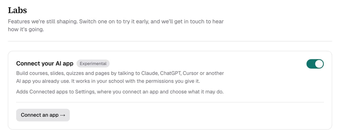 Settings ▸ Labs with the experimental 'Connect your AI app' feature switched on and a Connect an app button