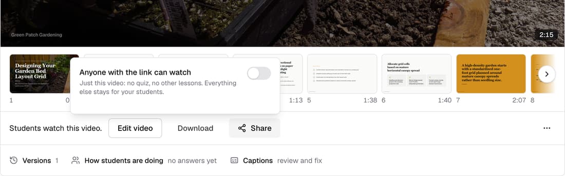 The Share menu under a lesson video with the 'Anyone with the link can watch' switch, off