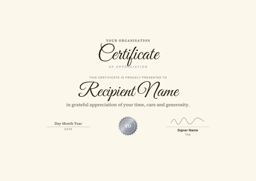 Certificate of Appreciation certificate template for Word: Calligraphy design