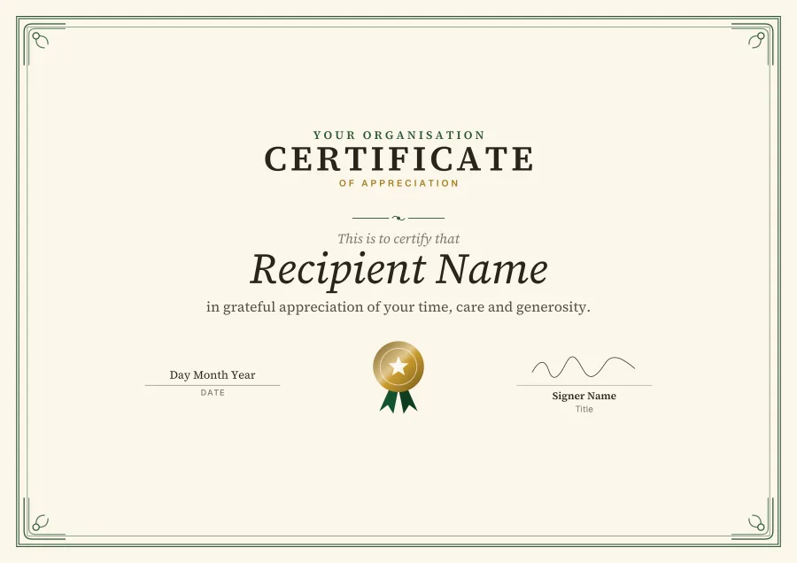 Certificate of Appreciation certificate template for Word: Emerald scroll design