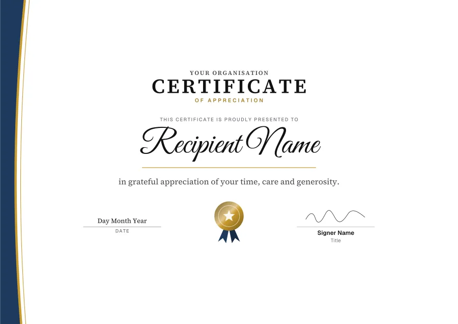 Certificate of Appreciation certificate template for Word: Gold sweep design