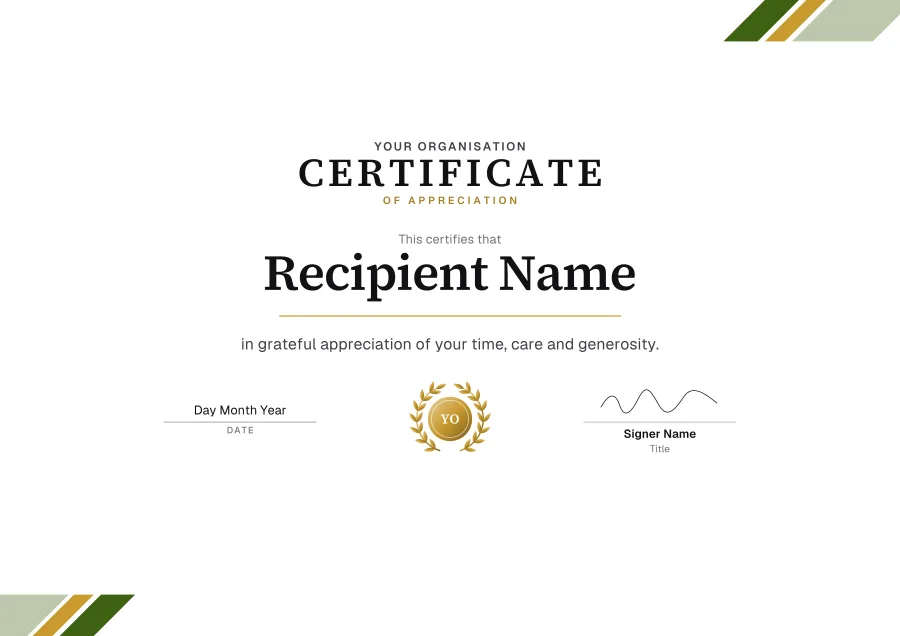 Certificate of Appreciation certificate template for Word: Olive stripes design