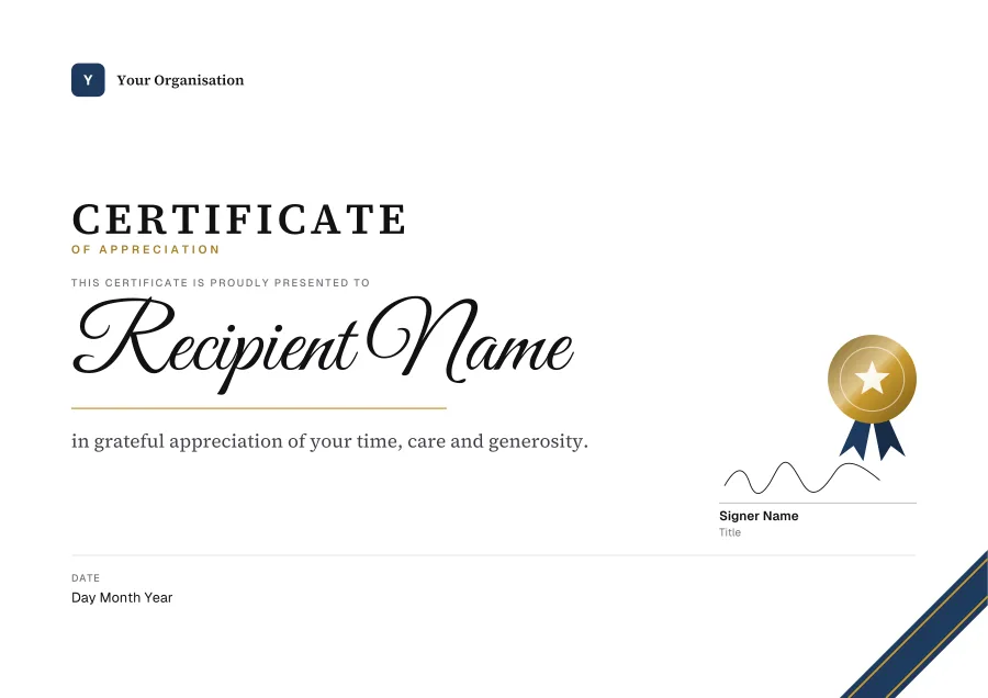 Certificate of Appreciation certificate template for Word: Sapphire ribbon design