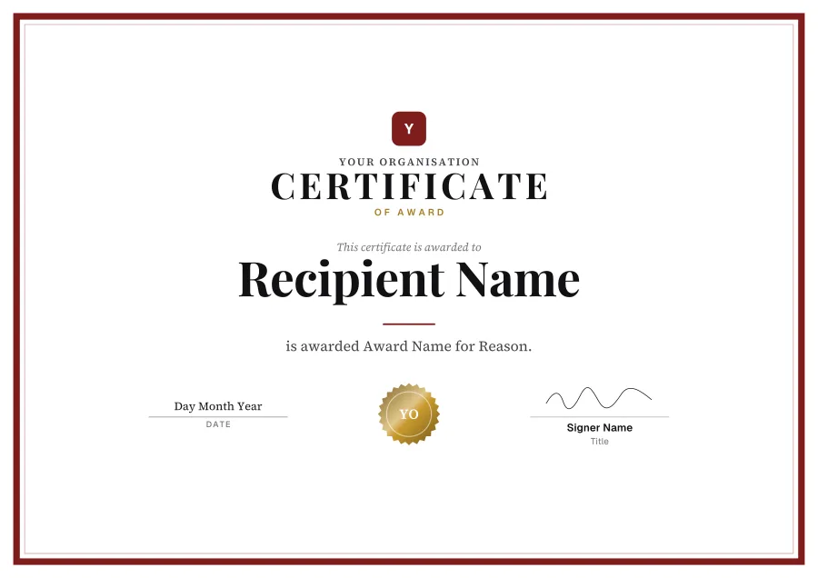 Certificate of Award certificate template for Word: Burgundy formal design
