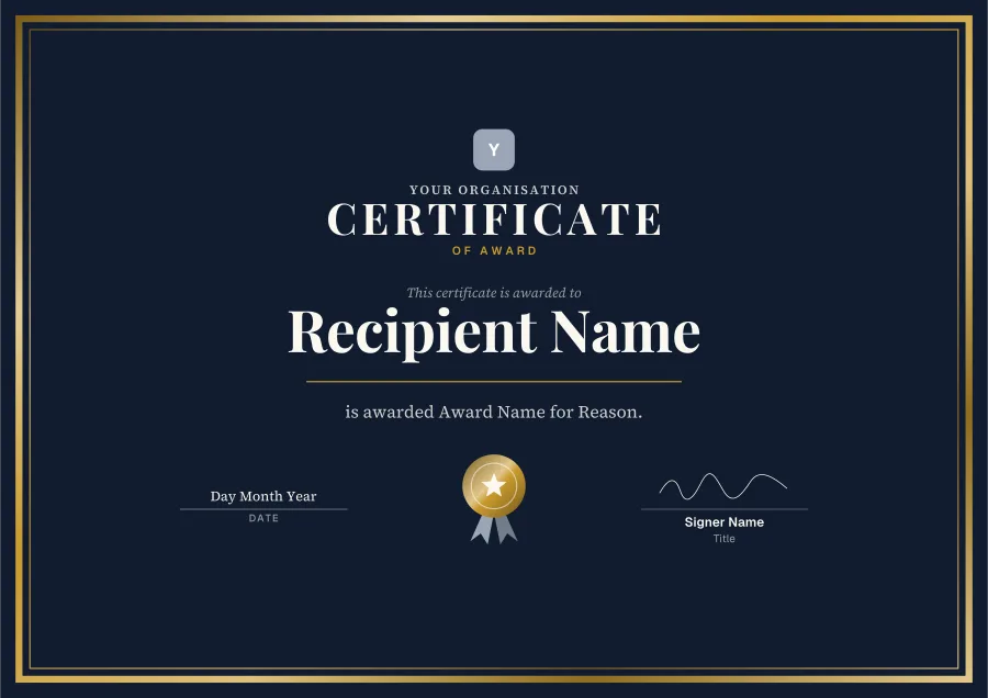 Certificate of Award certificate template for Word: Deep and gold design