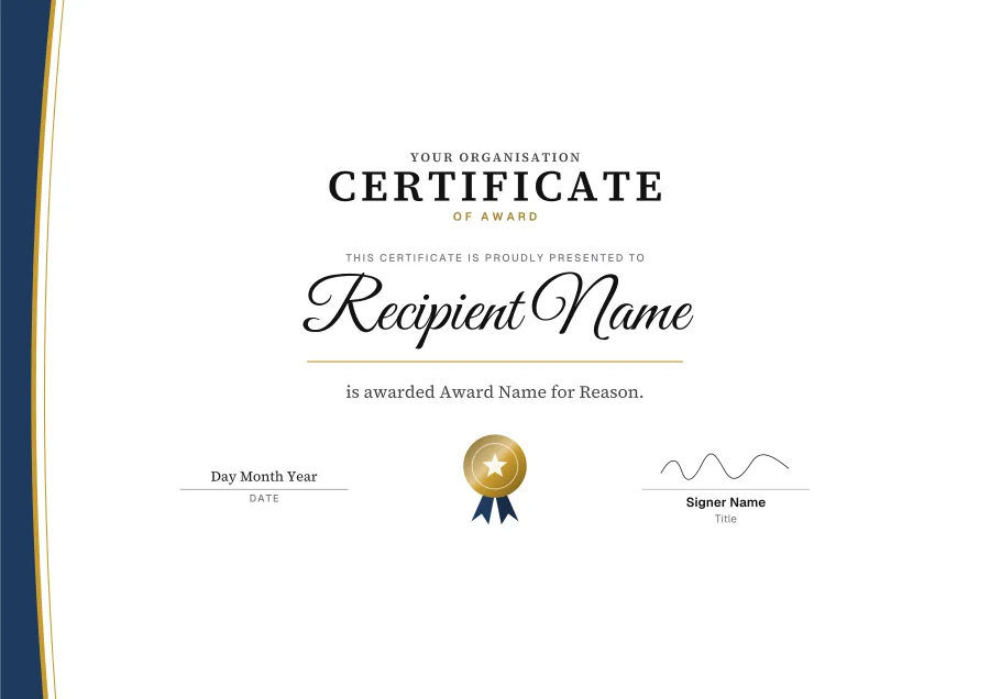 Certificate of Award certificate template for Word: Gold sweep design