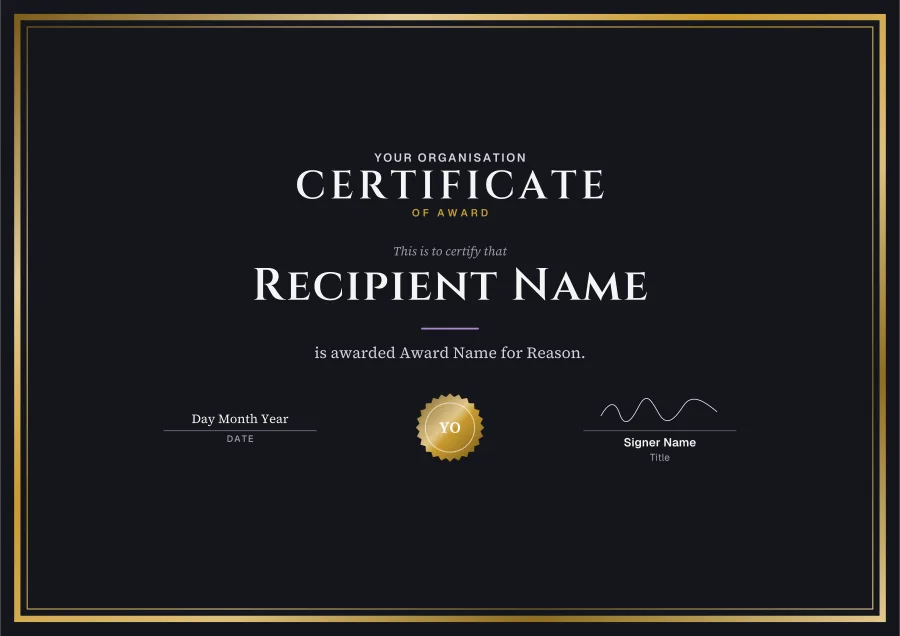 Certificate of Award certificate template for Word: Night and gold design