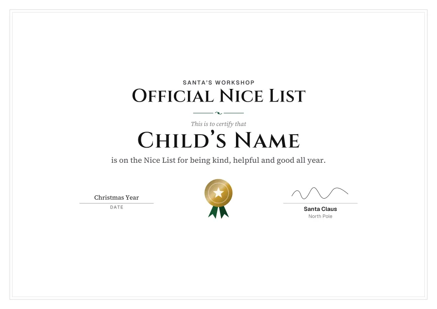 Official Nice List certificate template for Word: Black tie design