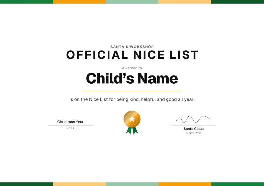 Official Nice List certificate template for Word: Celebration design