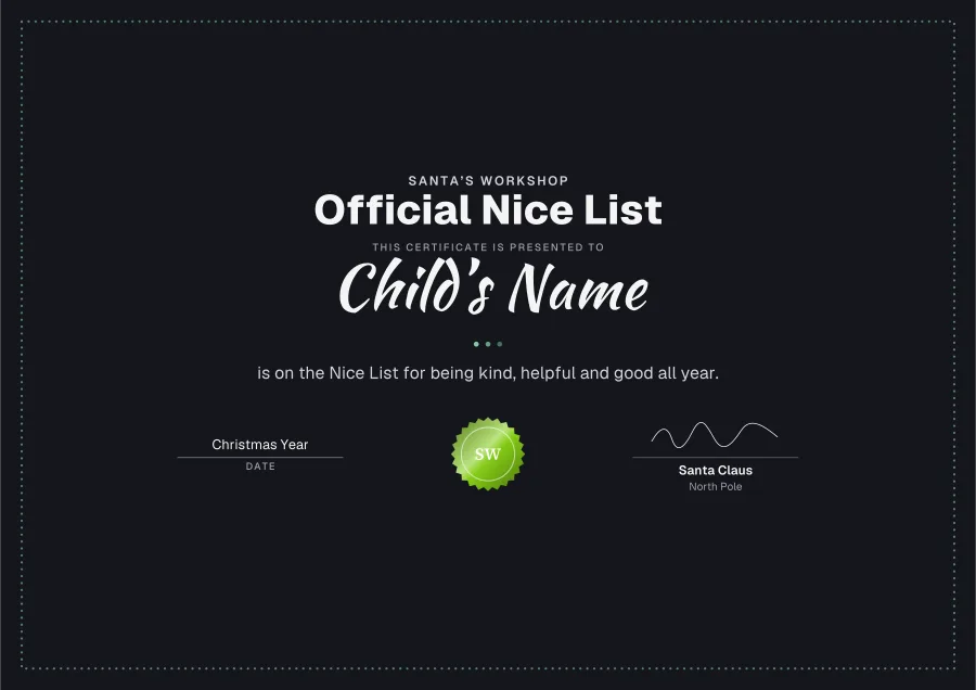Official Nice List certificate template for Word: Chalkboard design