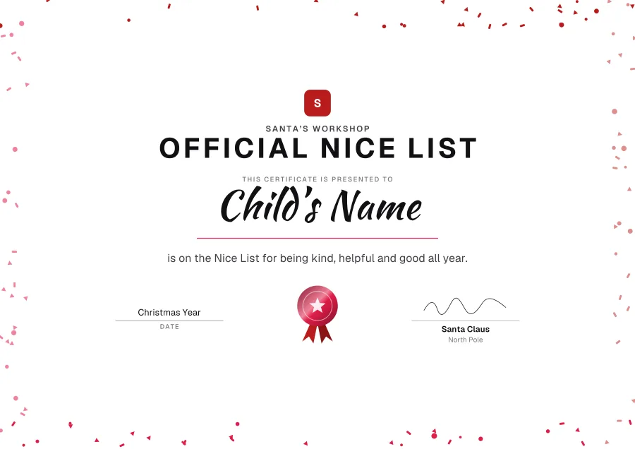 Official Nice List certificate template for Word: Confetti design