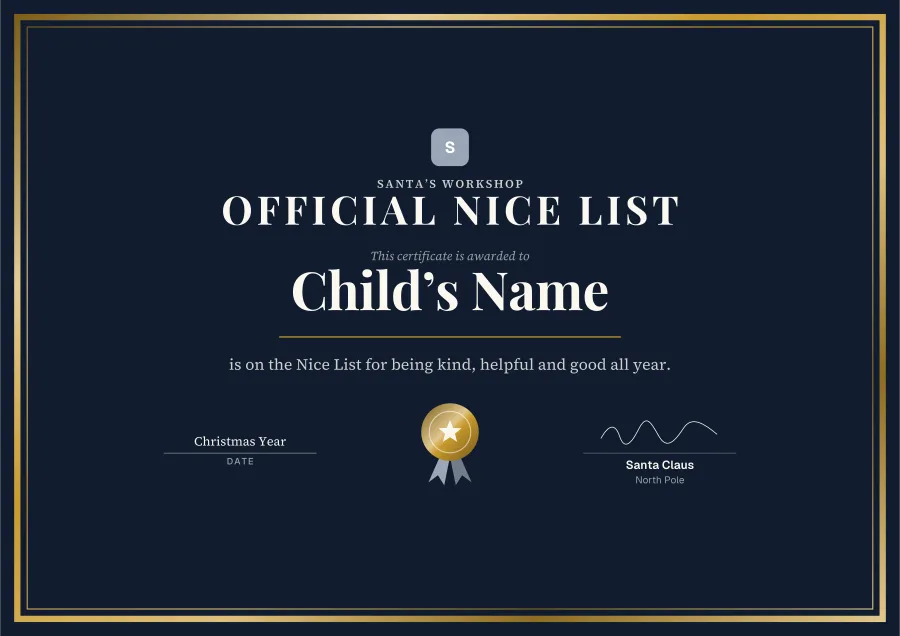 Official Nice List certificate template for Word: Deep and gold design