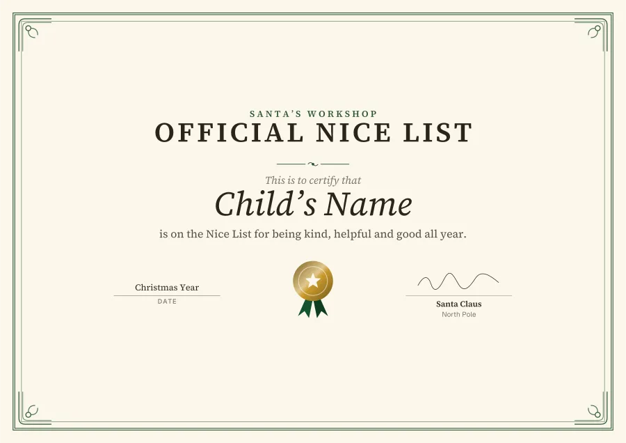 Official Nice List certificate template for Word: Emerald scroll design