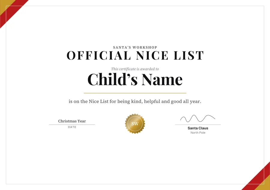 Official Nice List certificate template for Word: Gold star design