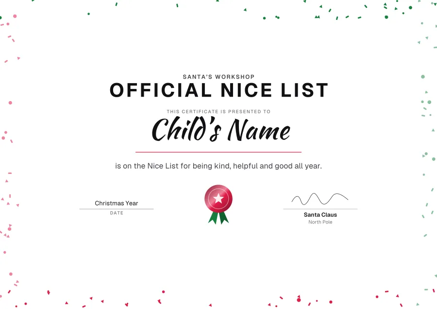 Official Nice List certificate template for Word: Party design