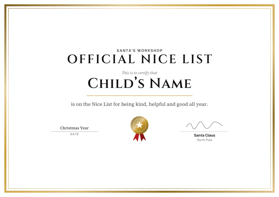 Official Nice List certificate template for Word: Royal foil design