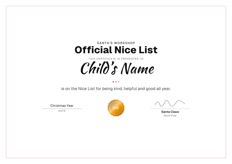 Official Nice List certificate template for Word: Sunshine design