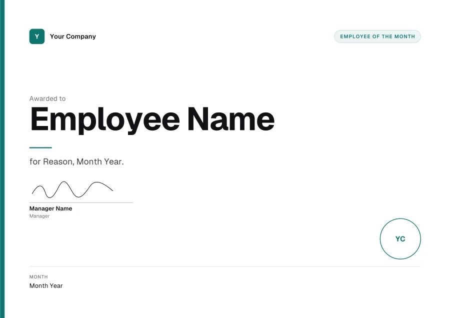 Employee of the Month certificate template for Word: Teal modern design