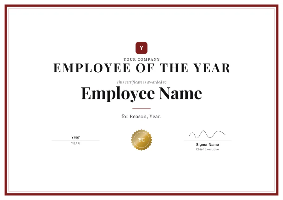 Employee of the Year certificate template for Word: Burgundy formal design