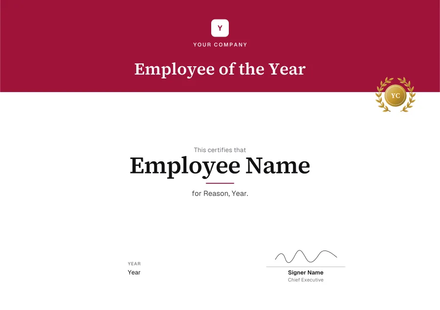 Employee of the Year certificate template for Word: Crimson banner design