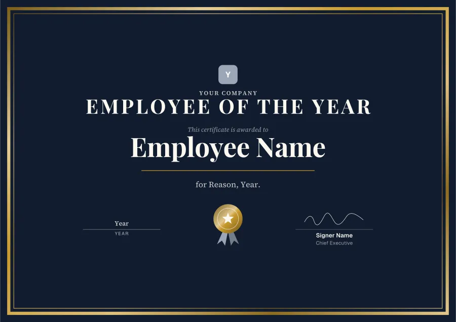Employee of the Year certificate template for Word: Deep and gold design