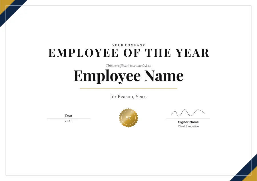 Employee of the Year certificate template for Word: Gold star design