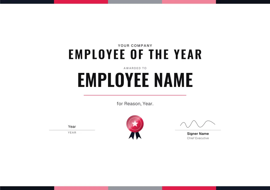 Employee of the Year certificate template for Word: Ruby bars design