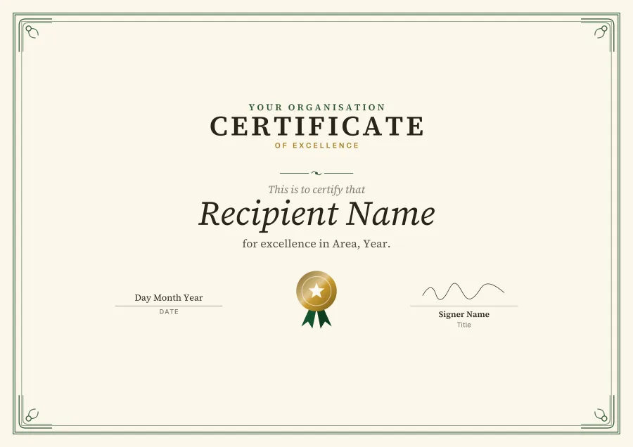 Certificate of Excellence certificate template for Word: Emerald scroll design