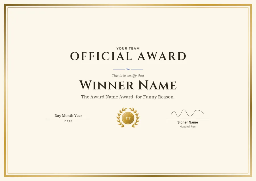 Official Award certificate template for Word: Gold foil design
